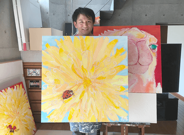 キャンバス画：春の空とタンポポとテントウムシ・夕焼けとタンポポとテントウムシ